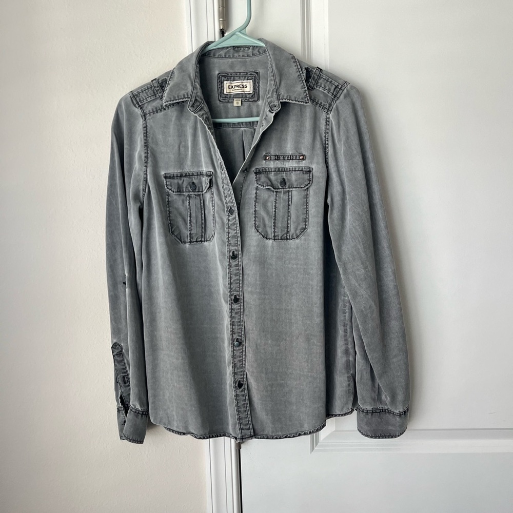 Express Shirt Womens Button Up Boyfriend Gray Chambray Lyocell Denim XS